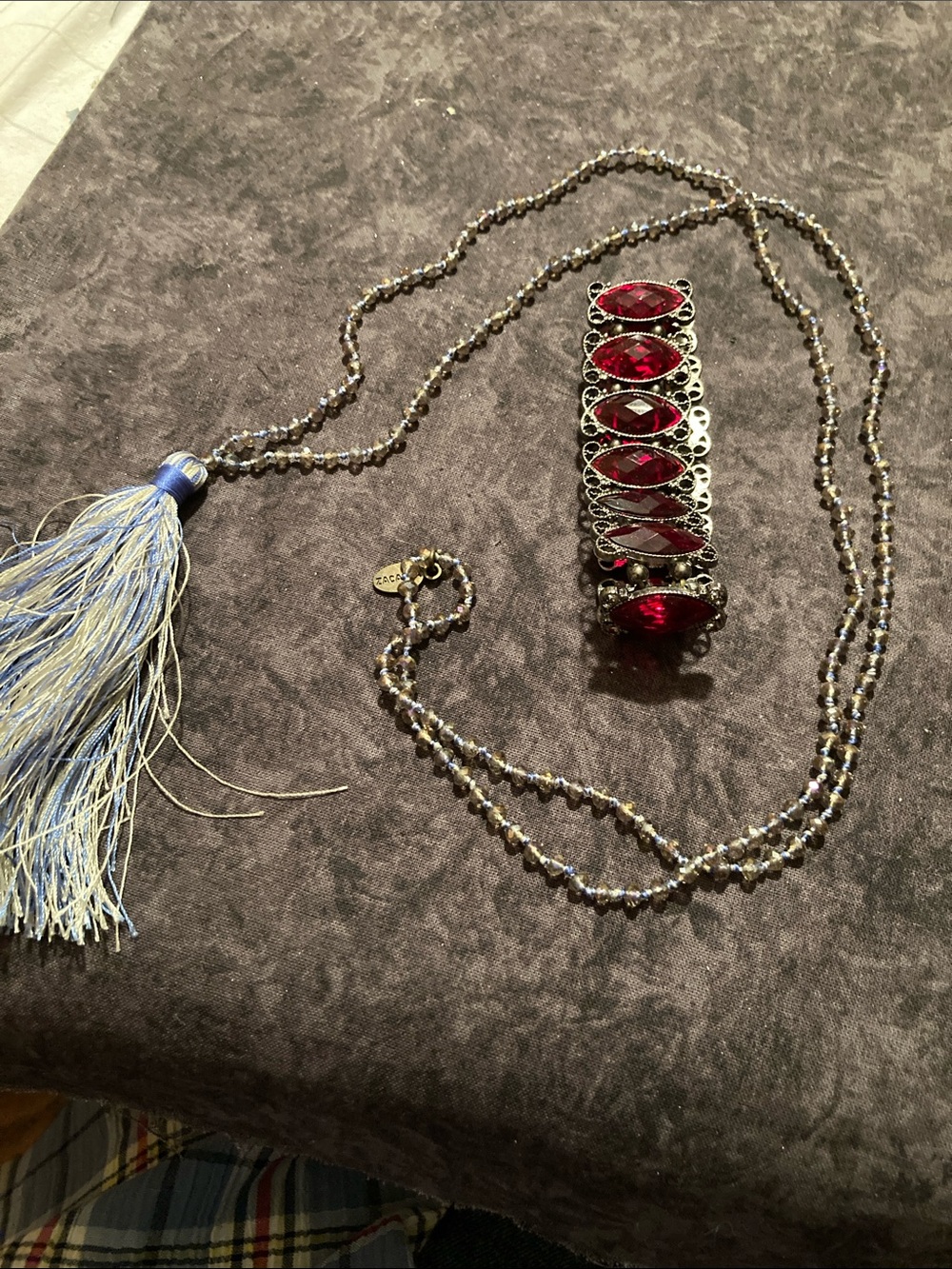 Beaded Tassel Crystal Necklace with RenFaire Ruby Tone Stretch Bracelet